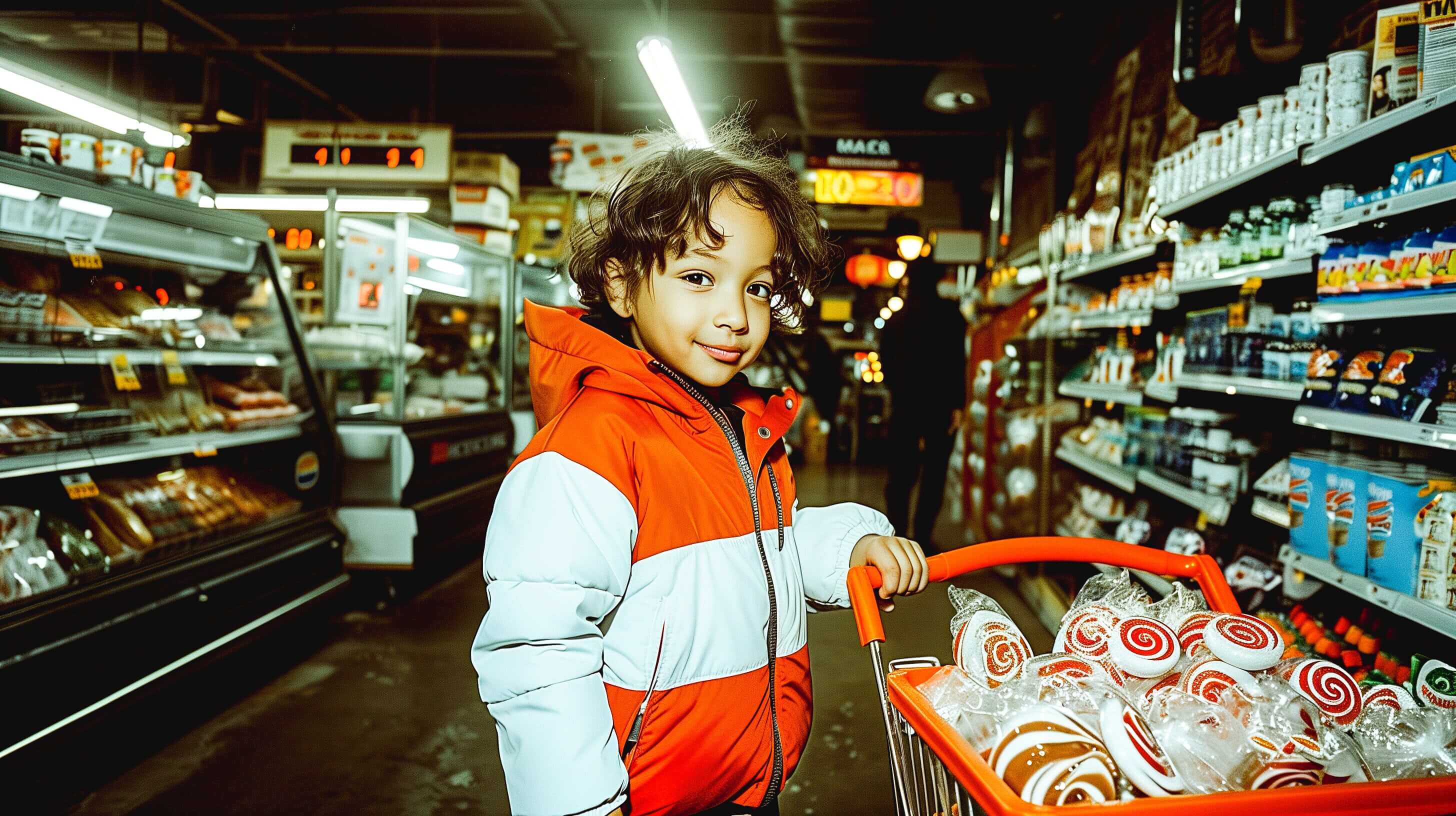 Child with shopping cart filled with candy in grocery store