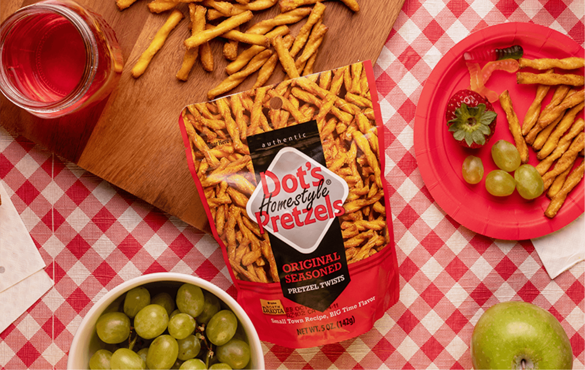 A bag of Dot's Pretzels on a picnic table