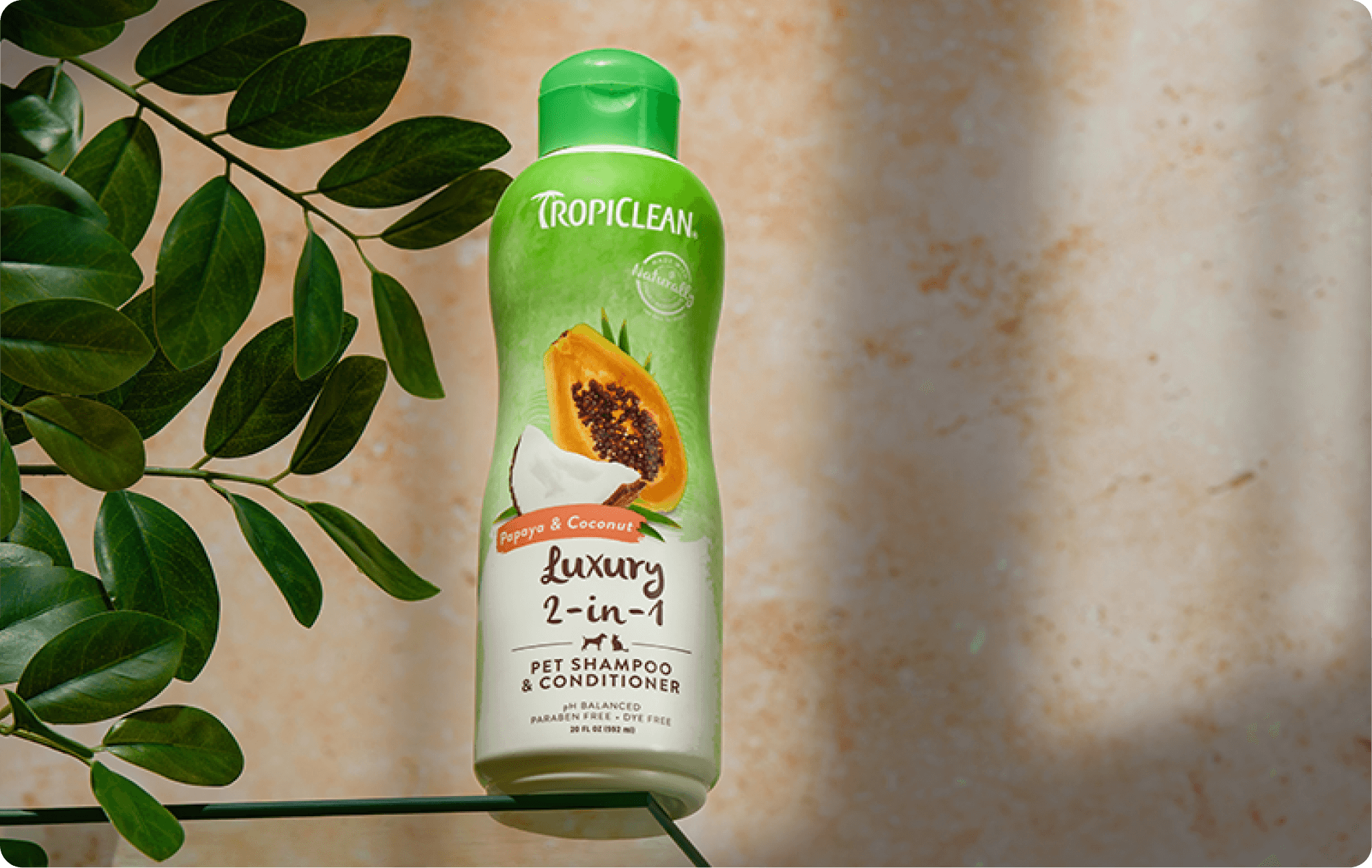 TropiClean papaya and coconut pet shampoo and conditioner bottle